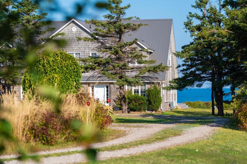 a house with a road leading to the ocean at Blue Ocean Cove Beach House in Saint Peters