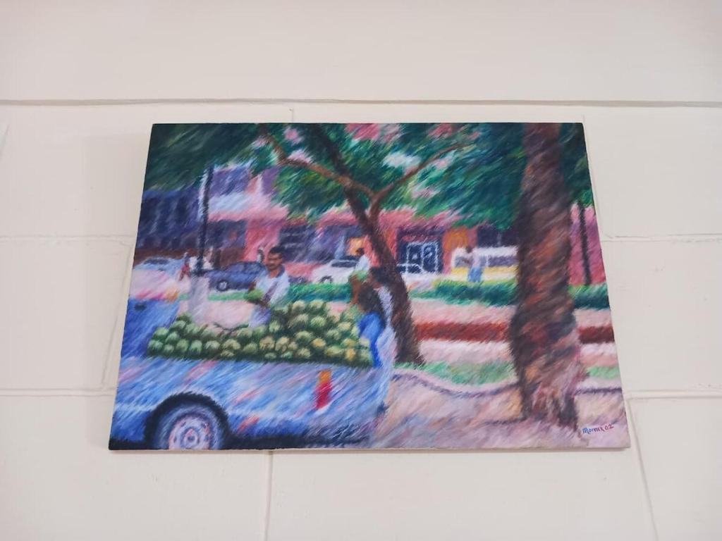 a painting of a person standing next to a car at Diamond Breeze - Fully furnished apartment in Port-of-Spain
