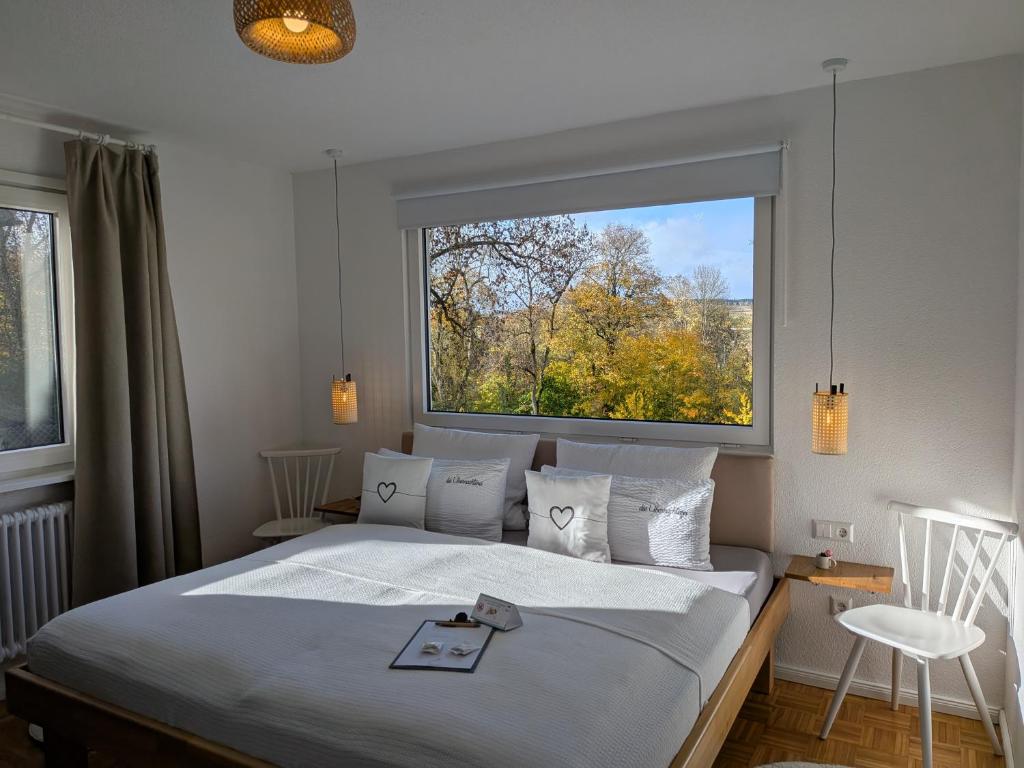 a bedroom with a bed and a large window at die Übernachterei in Hüfingen