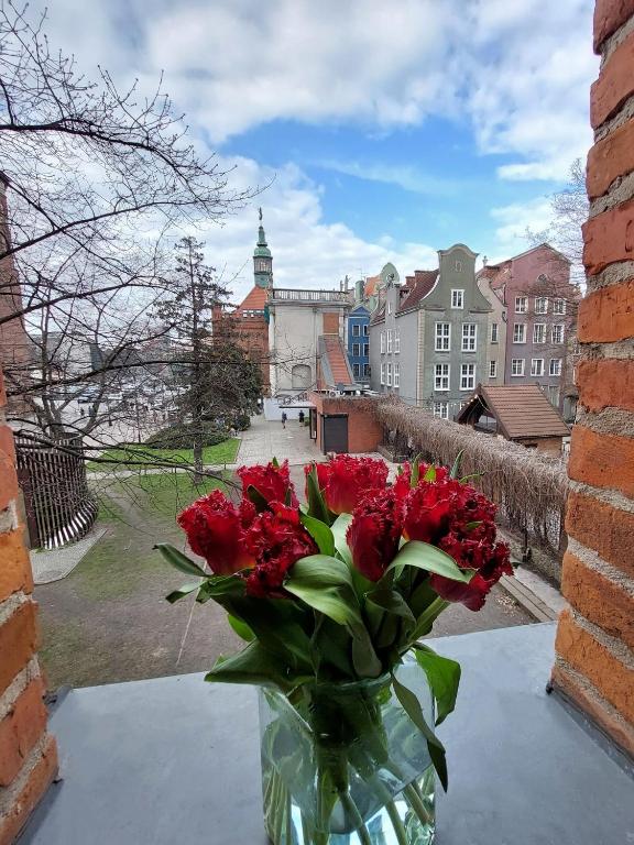 a vase filled with red flowers sitting on a table at Hostel Universus in Gdańsk