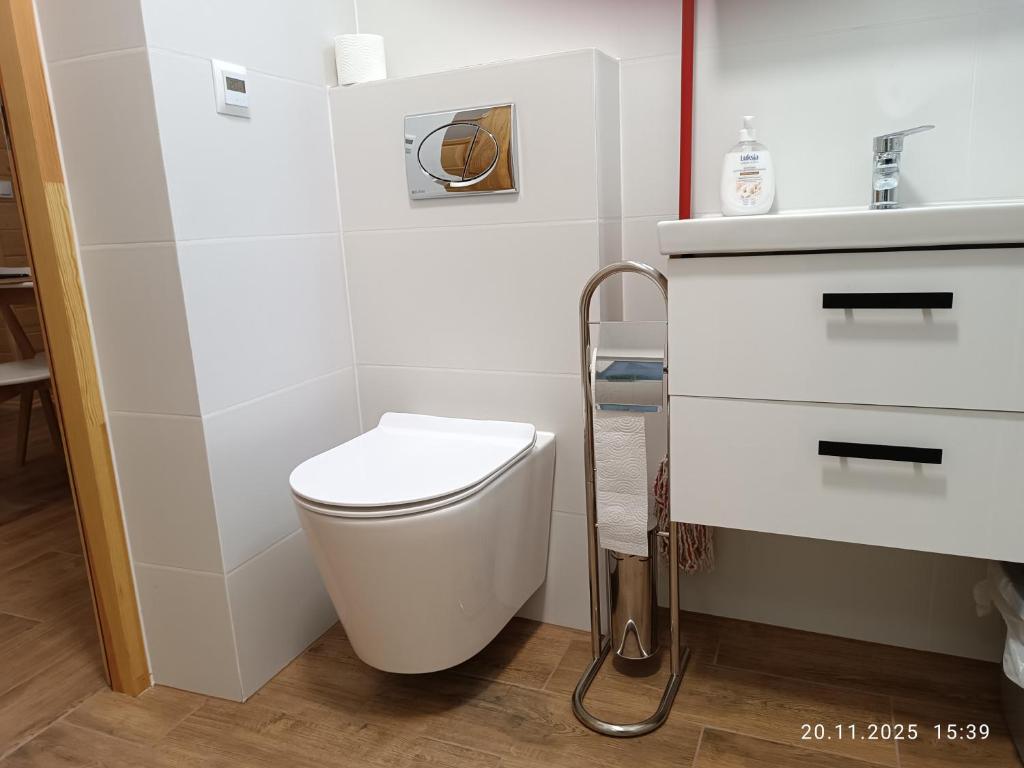 a white bathroom with a toilet and a sink at Apartament Pod Gwiazdami in Czarny Dunajec