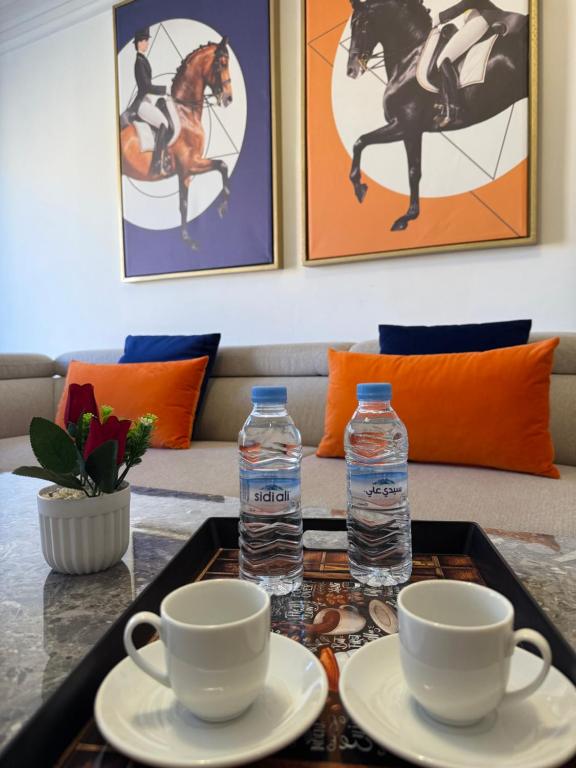 Příslušenství pro přípravu čaje a kávy v ubytování Luxury Apartment in the Heart of Guéliz