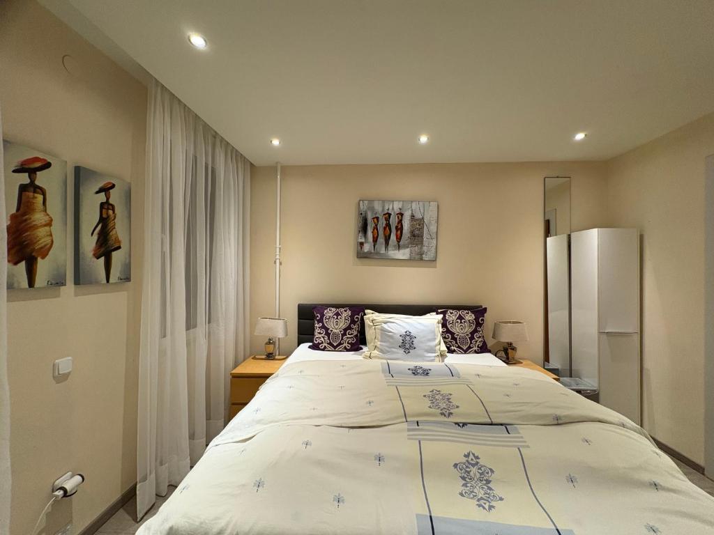 ein Schlafzimmer mit einem großen Bett in einem Zimmer in der Unterkunft Border Bliss - Private Room with Bathroom in a Cozy Home in Kerkrade