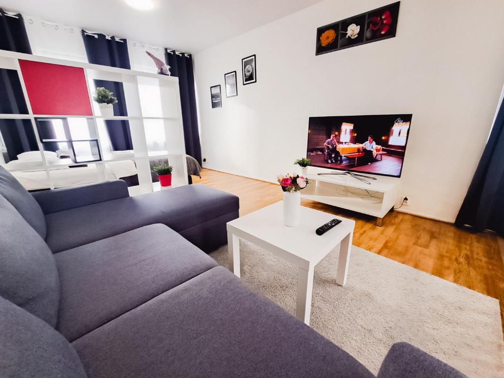 a living room with a couch and a tv at 3-Room Central Railway station in Oulu