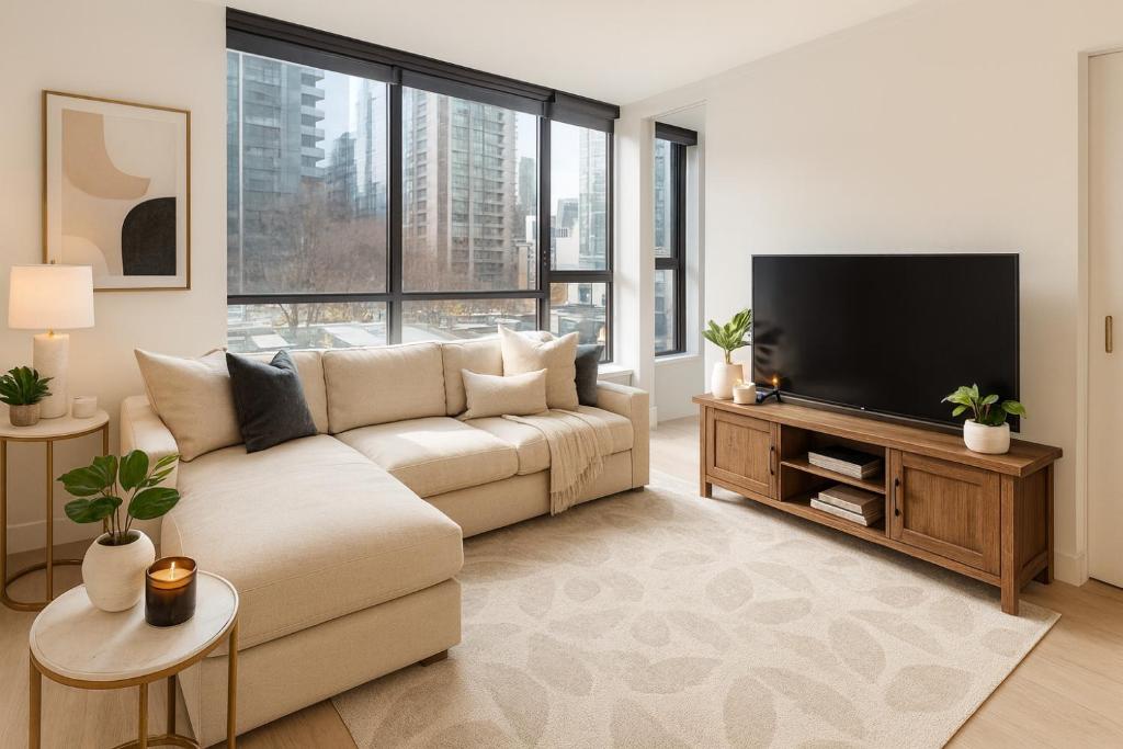 a living room with a couch and a flat screen tv at Chic City Living 2-Bedroom Condo in the Best Downtown Spot in Vancouver