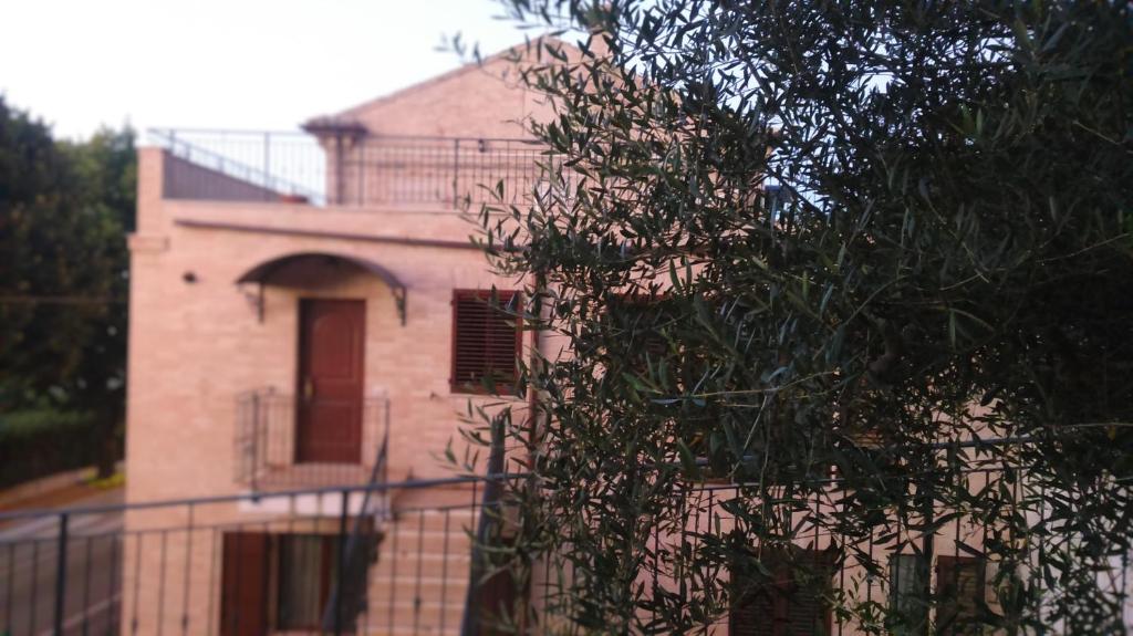 un grande edificio in mattoni con balcone di fronte ad un albero di Nonna Carò a Fermo