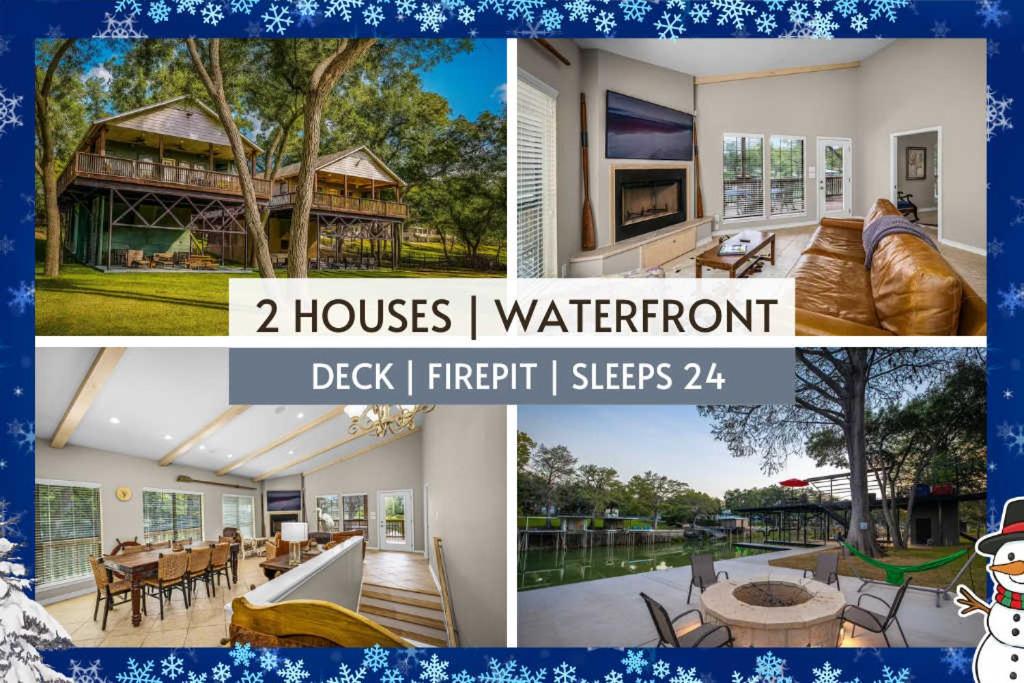 eine Fotocollage eines Hauses am Wasser in der Unterkunft 2 Family Houses Waterfront Wurstfest Fun Sleeps 24 in McQueeney