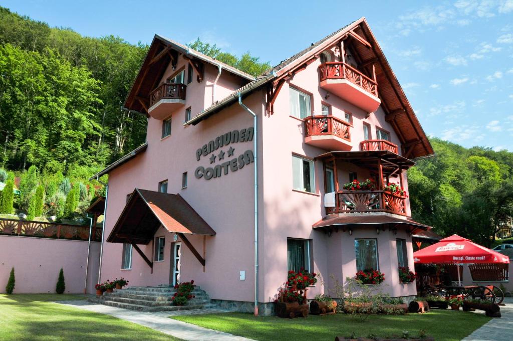 ein großes rosafarbenes Gebäude mit Fenstern und Balkonen in der Unterkunft Pensiunea Contesa in Sovata
