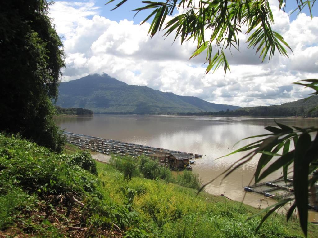 a view of a lake with a mountain in the background at Nicolas Family Homestay - Mekong Home in Pakse