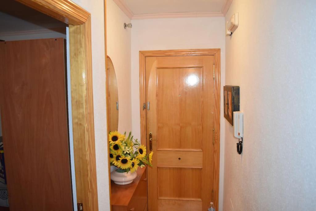 a hallway with a door with a vase of sunflowers next to it at Apartamento Merlin in Roquetas de Mar