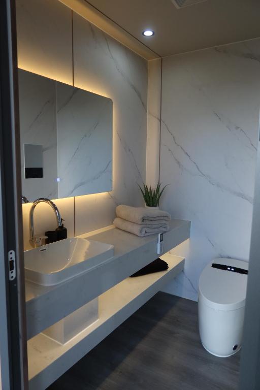 Un baño con lavabo e inodoro en Galactic getaways MARS, en Prestatyn