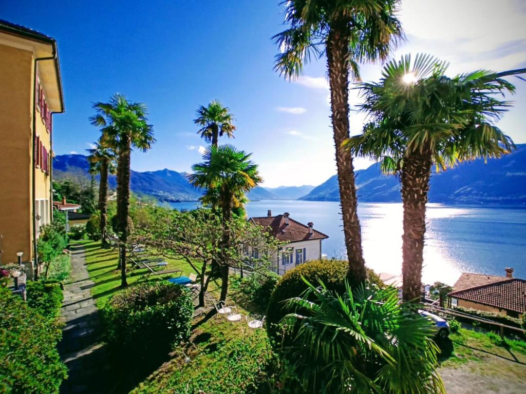 a view of a house and palm trees at Garden Hotel Primavera in Brissago