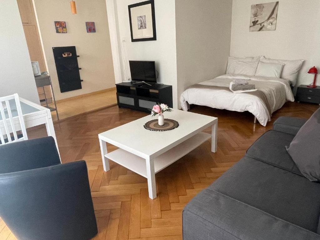 sala de estar con mesa de centro blanca y cama en Appartement calme à Lausanne, en Lausana