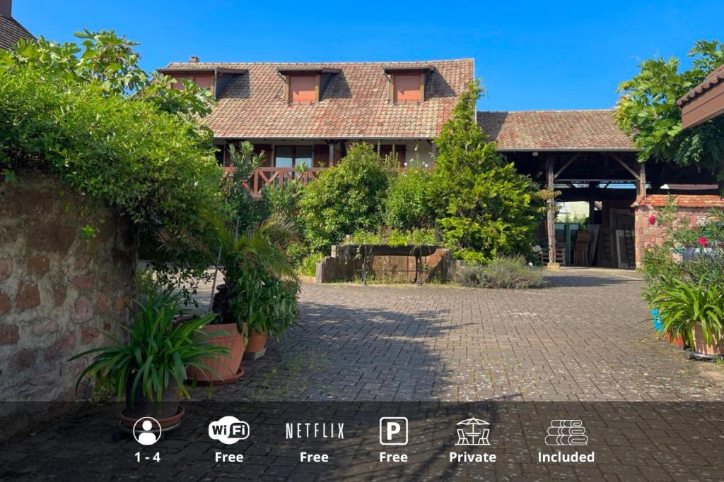 une maison avec une cour ornée de plantes en pot dans l'établissement La Grange - Ground Floor Apartment, Terrace, Free Private Parking, Near Colmar, à Sainte-Croix-en-Plaine