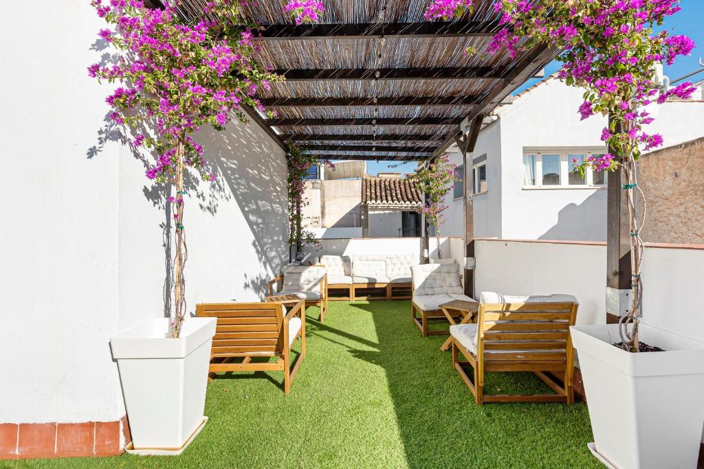 a patio with chairs and flowers on a building at Apartamentos Calle Nueva in Málaga
