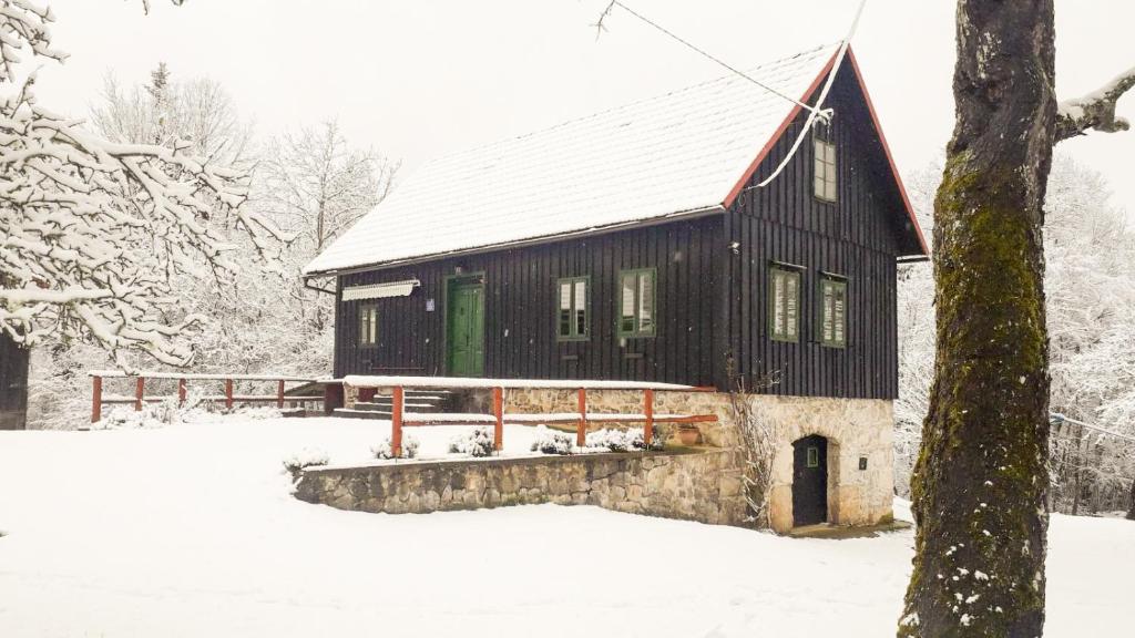 a black house with a green door in the snow at Šajnska Hiža, autentična goranska kuća u prirodi in Brod Moravice