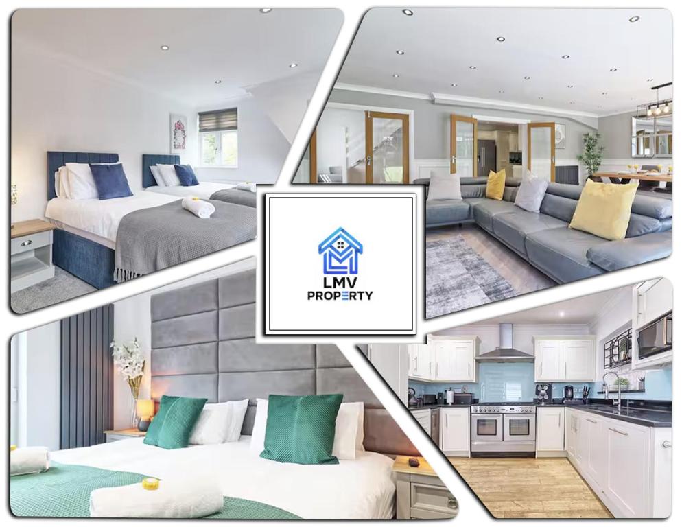 eine Collage mit vier Bildern eines Schlafzimmers und eines Wohnzimmers in der Unterkunft LMV Property - Modern Luxury Family Home in Theydon Bois With London Skyline Views in Theydon Bois