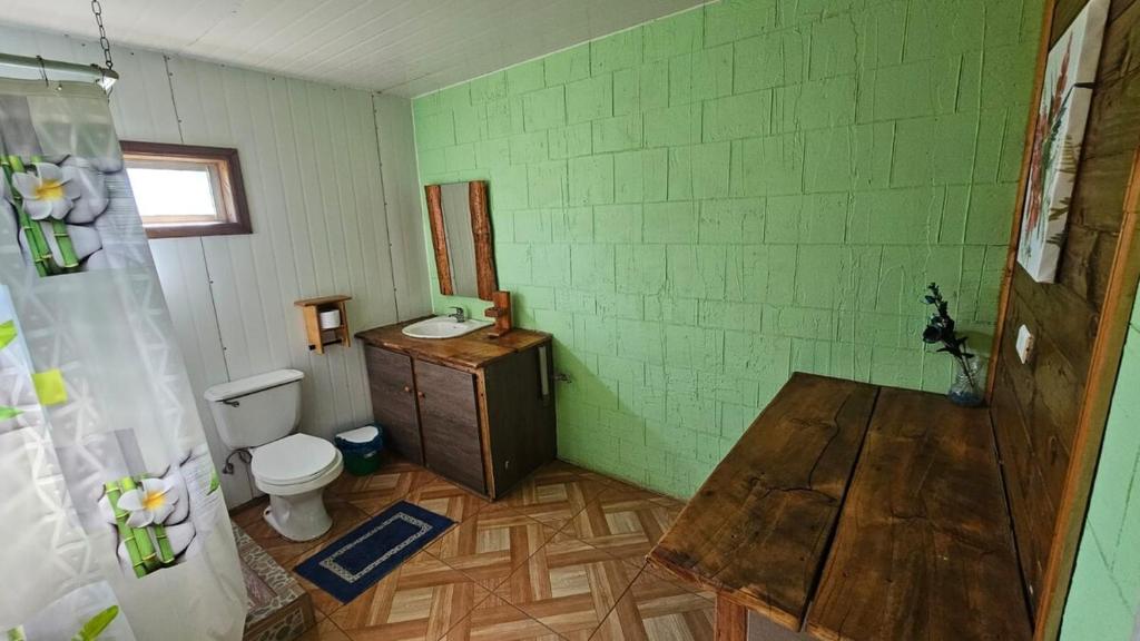 Un baño verde con inodoro y lavabo. en Cabañas las Palmeras de Colbun, en Linares