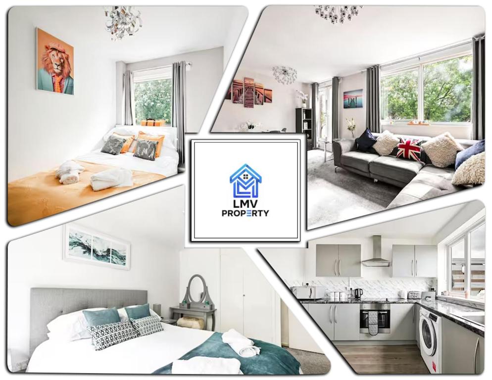 eine Collage mit Fotos von einem Wohnzimmer und einer Küche in der Unterkunft Modern 3-Bed Maisonette - Epping High Street - Parking - LMV Property in Epping
