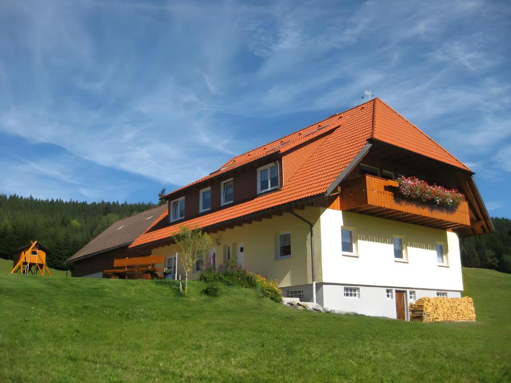 una casa con techo naranja en una colina verde en Ferienwohnung Sonnenstüble, en Titisee-Neustadt