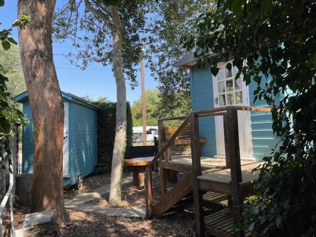 ein blaues Haus mit einer Bank und einem Baum in der Unterkunft Riverside Retreat in Little Baddow