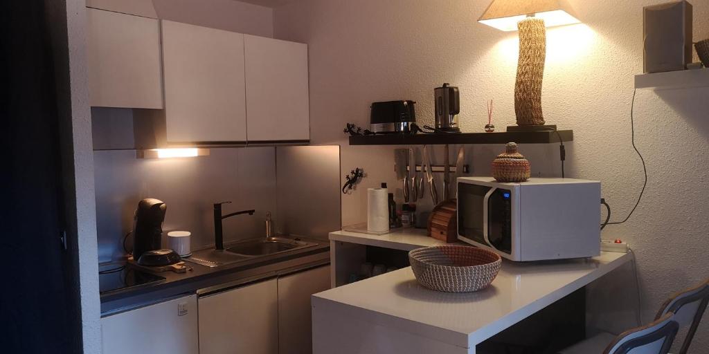 a kitchen with a microwave sitting on a counter at Foux d'Allos, studio de 27m2 en centre-ville, plein sud avec terrasse in La Foux d'Allos