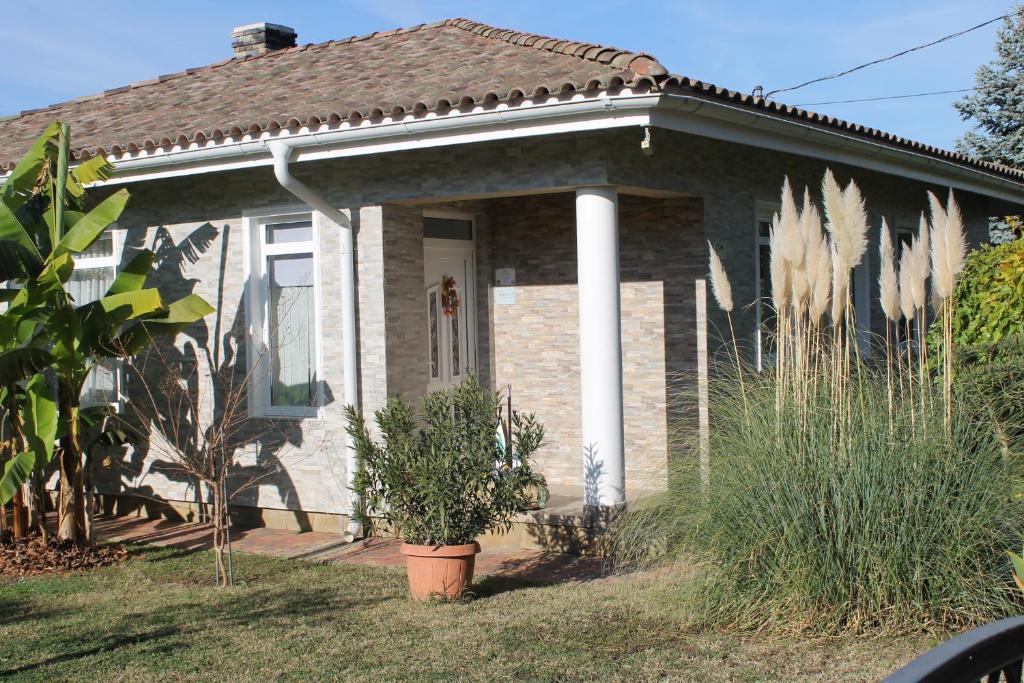une petite maison avec une plante devant dans l'établissement Harmath Vendégház Balatonszárszó, à Balatonszárszó
