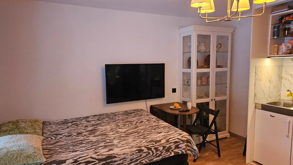 a bedroom with a bed and a flat screen tv at Studio Borgen in Sigtuna