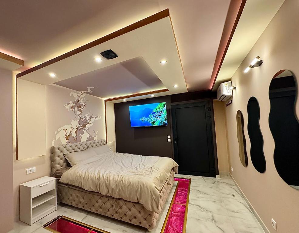 a bedroom with a bed and a flat screen tv at Apartman Flamingos in Rača