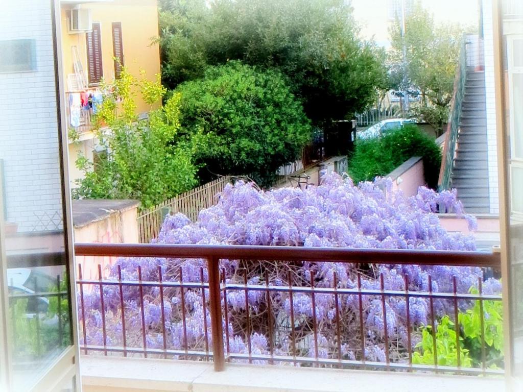 un mazzo di fiori viola su un balcone di La Casa di Eva a Roma