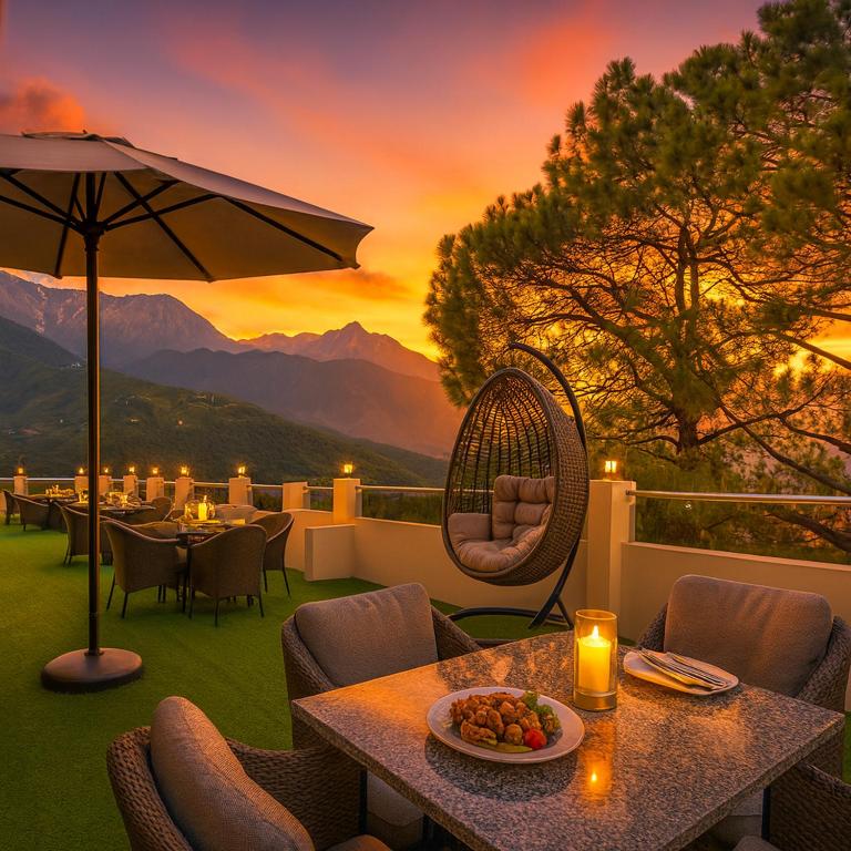 达兰萨拉The Ginger- A Four Star Luxury Hotel In Dharamshala # Centrally Heated & Air Cooled # Premium Rooms # Lift # Bar # Terrace # Big Parking # Near market # Top Rated # Property of the year # By royal castle #的露台上的一张桌子上放着一碗水果