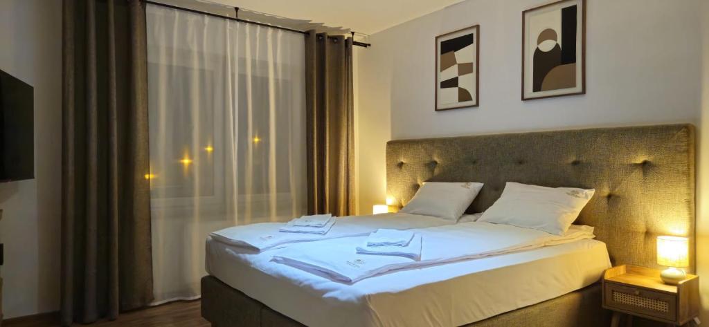 穆希纳ZŁOCKIE HILL spa的一间卧室，配有一张大床和一扇窗户。