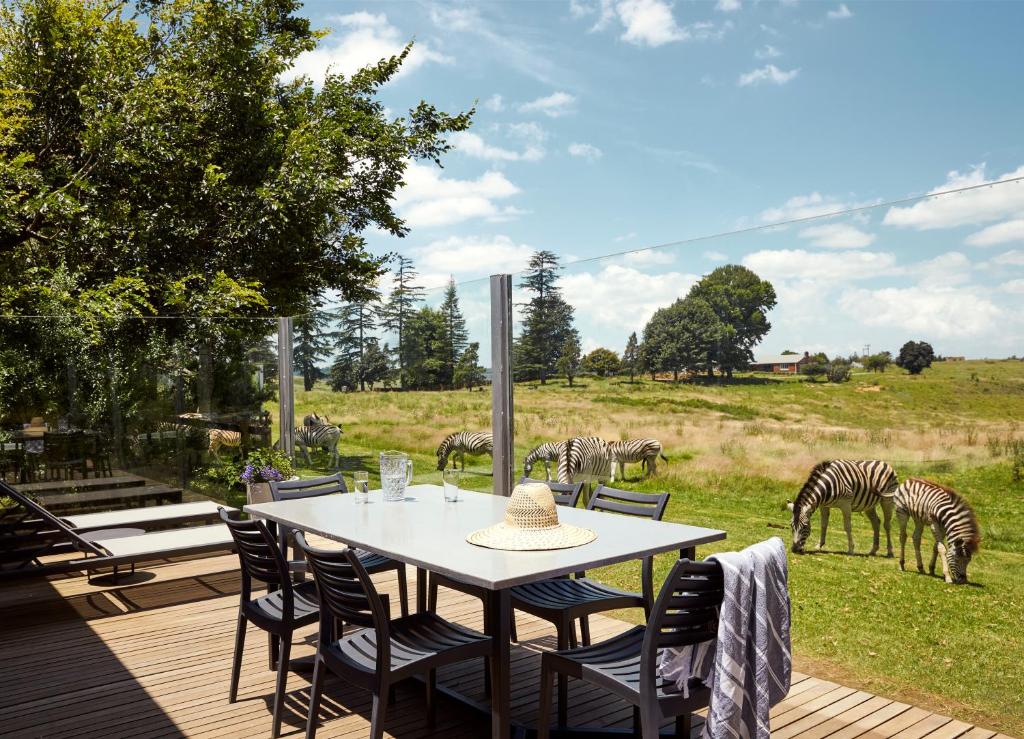 a table and chairs on a deck with zebras grazing at Brahman Hills - Gardens, Spa, Hotel & Villas - 5star in Nottingham Road