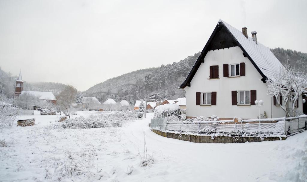 een wit huis met een zwart dak in de sneeuw bij Le Gîte de l'Ecureuil in Sturzelbronn