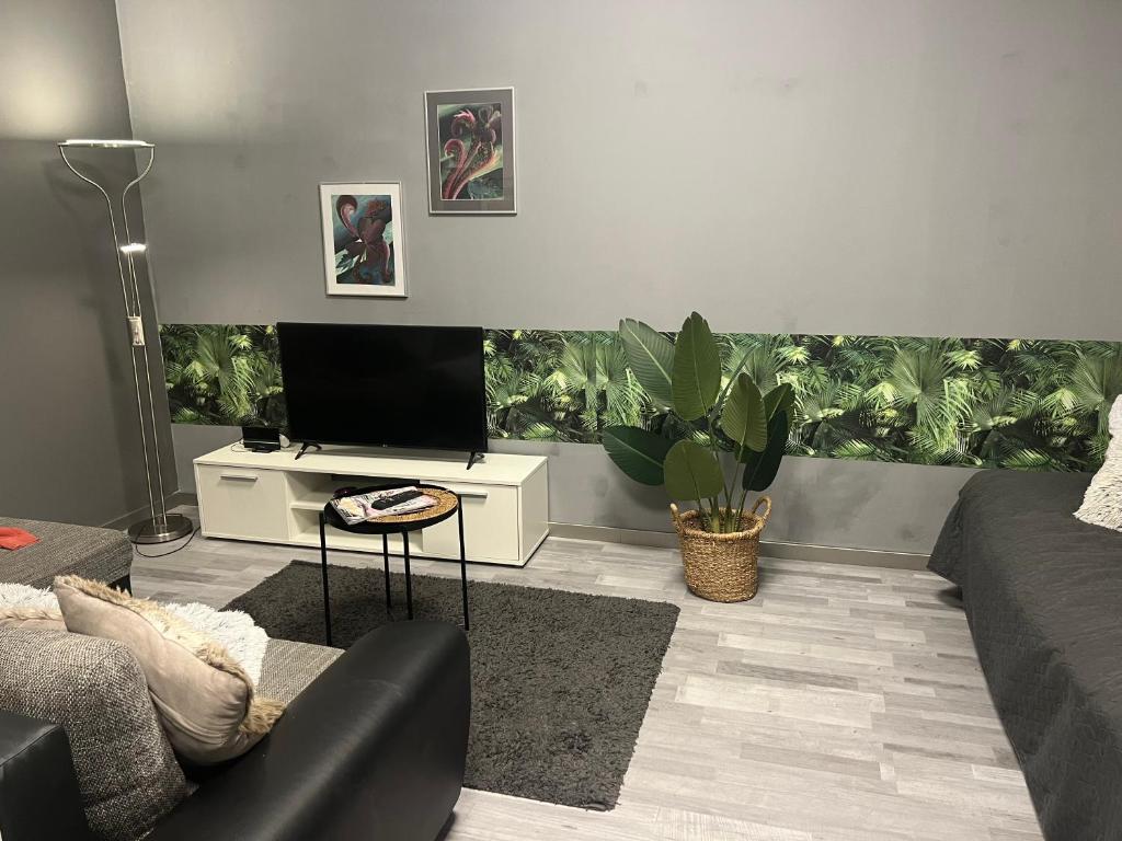 a living room with a couch and a flat screen tv at Neu Studio Leipzig Zentrum in Leipzig