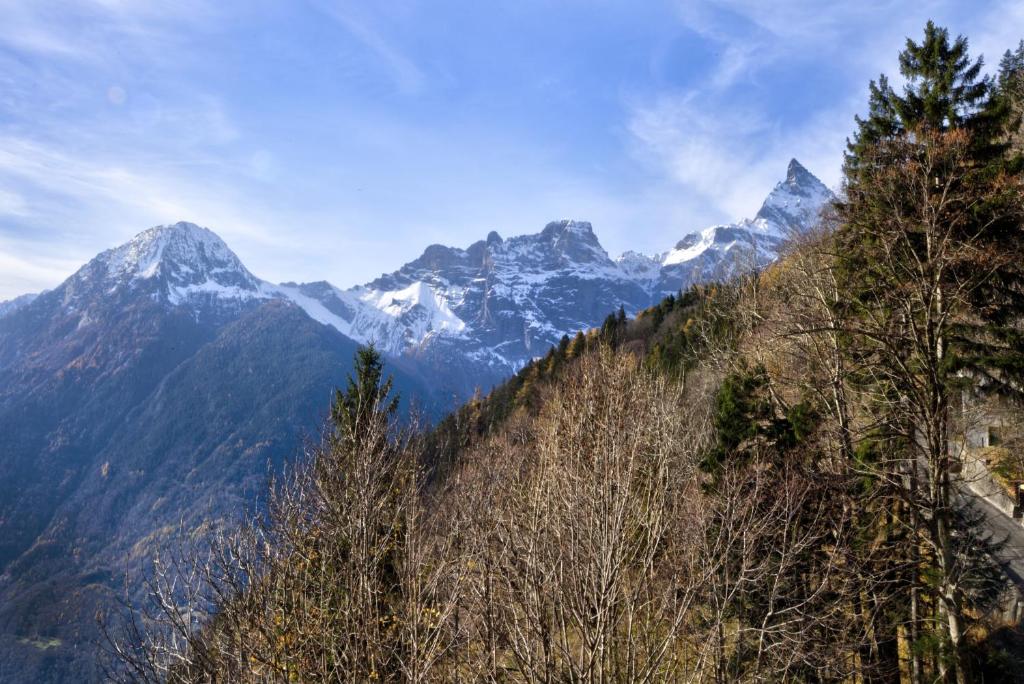 a view of a mountain range with snow capped mountains at Auberge de Morcles in Morcles