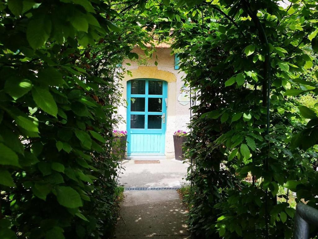 une porte bleue à travers une haie d'arbres dans l'établissement Familienfreundliche Gemütliche Ferienwohnung In Luchau Mit Garten Und Grill -, à Glashütte