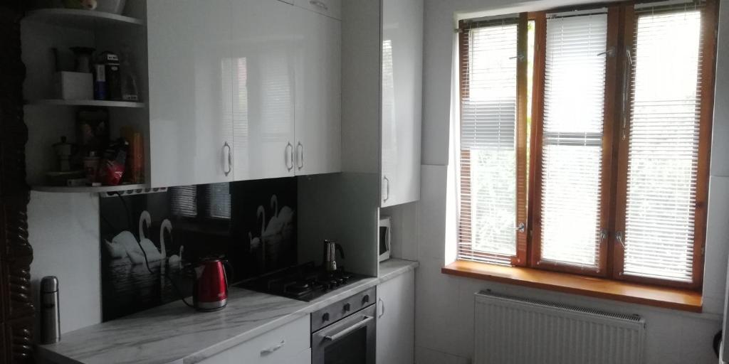 eine Küche mit weißen Schränken und einem Herd in der Unterkunft Near Buiucani in Durleşti