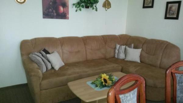 ein Wohnzimmer mit einem braunen Sofa und einem Tisch in der Unterkunft Ferienhaus "Lilienstein" in Prossen