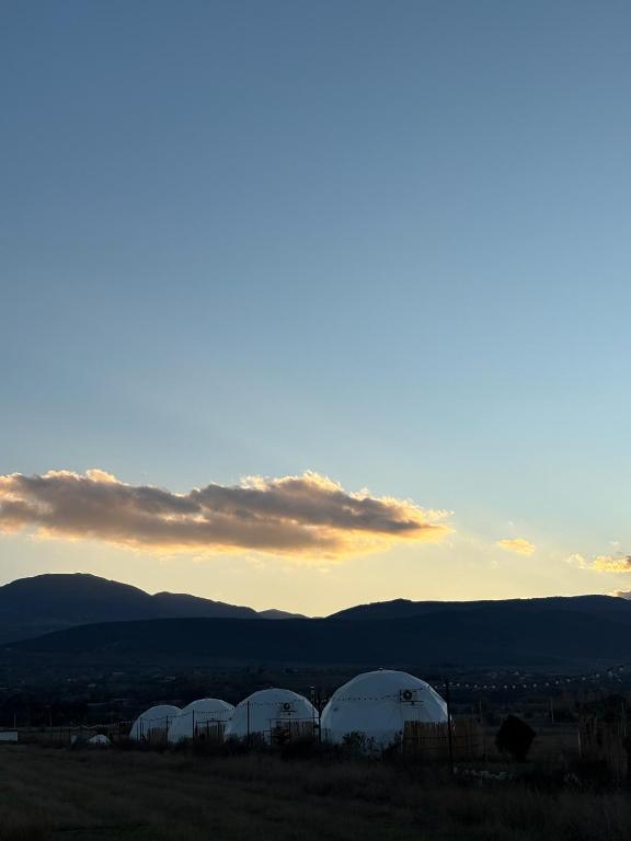 a group of domes in a field at sunset at Mindori glamping in Kvemo-Chocheti