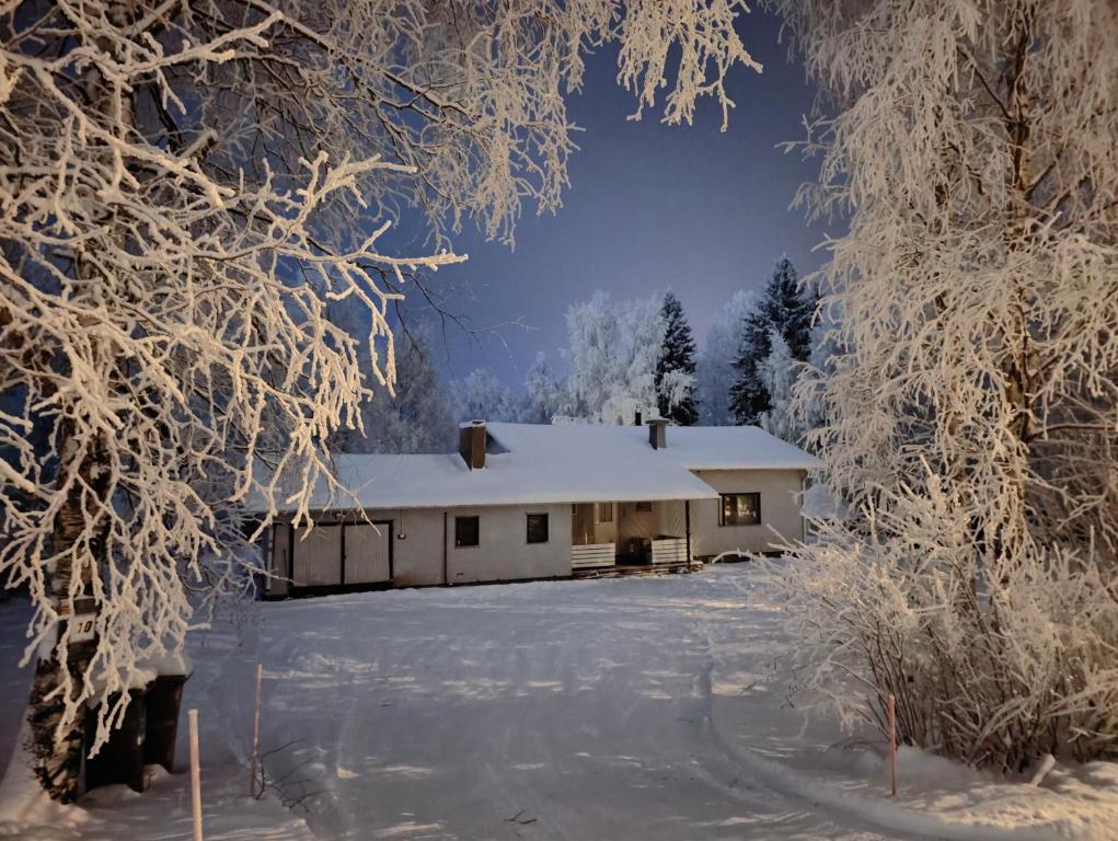 a house covered in snow with trees in the foreground at Arctic Aurora Villa with a Lappish Grill Hut - Northern Lights and Private Sledding Hill in the Backyard, in the Hometown of Santa Claus, Rovaniemi in Rovaniemi