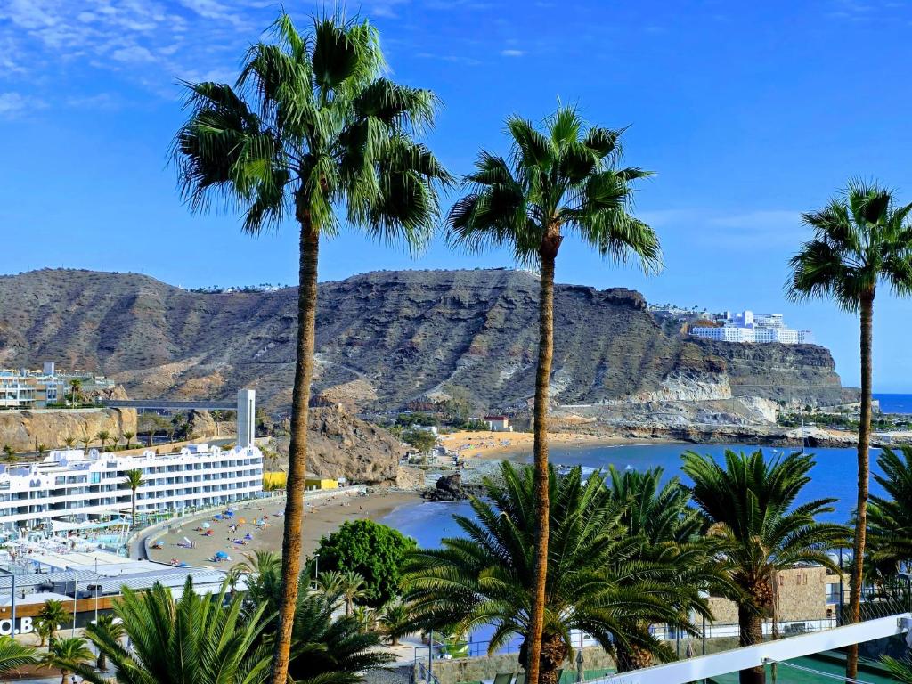 a view of a beach with palm trees and mountains at Canary Dreams Ocean View in Playa del Cura