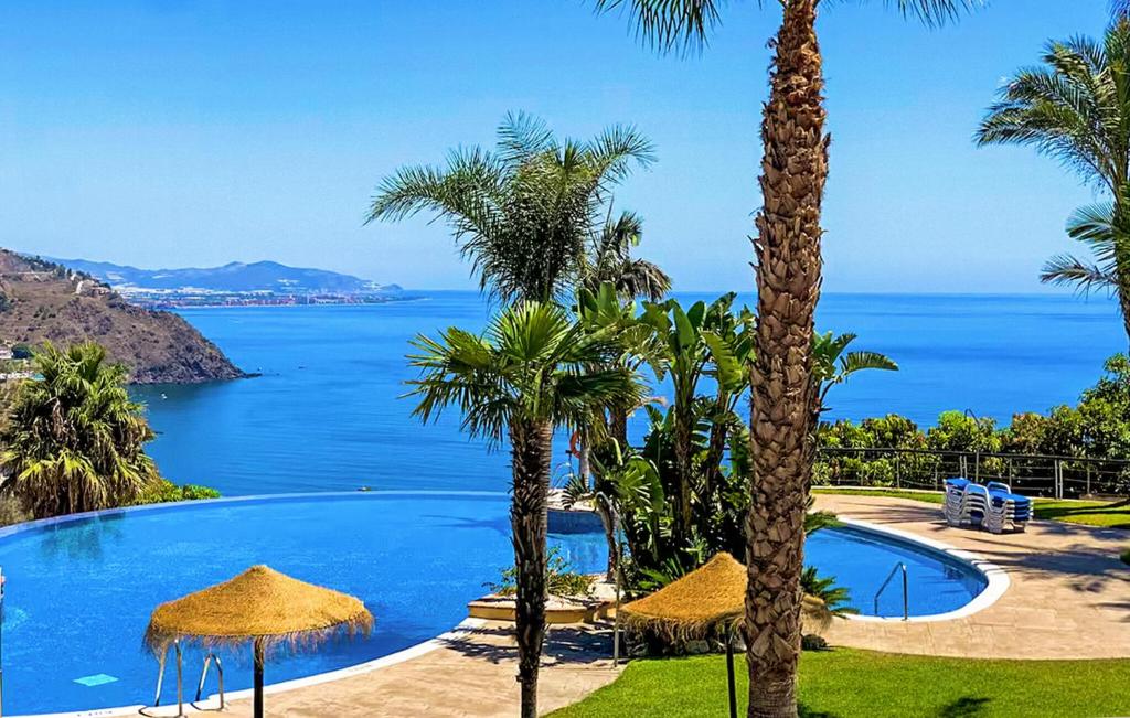 a swimming pool with palm trees and the ocean at Lovely Home In Almuñecar With Ethernet Internet in Almuñécar