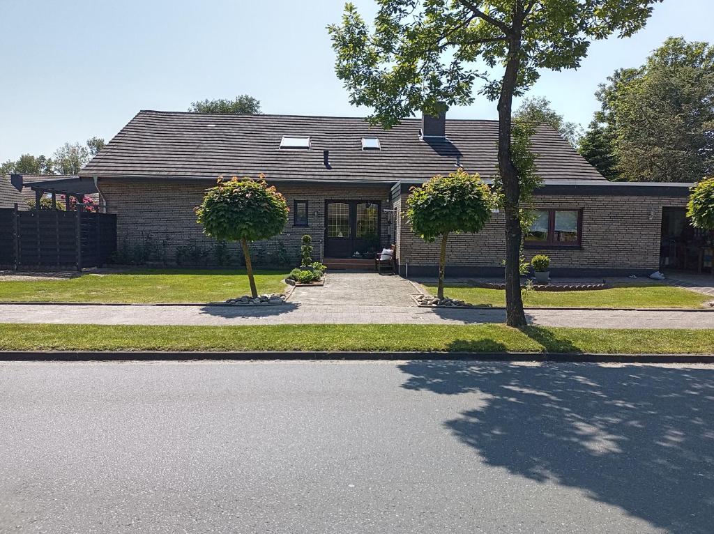 une maison avec deux arbres devant une allée dans l'établissement Ferienwohnung Zwei Finken In Wiesmoor, à Wiesmoor