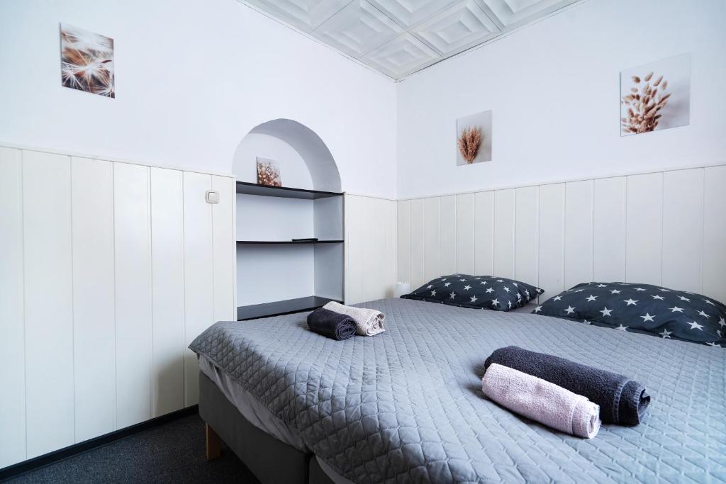 ein Schlafzimmer mit einem Bett mit zwei Kissen darauf in der Unterkunft revLIVING Apartment Octavus Hohenwarth 3 Schlafzimmer in Hohenwarth