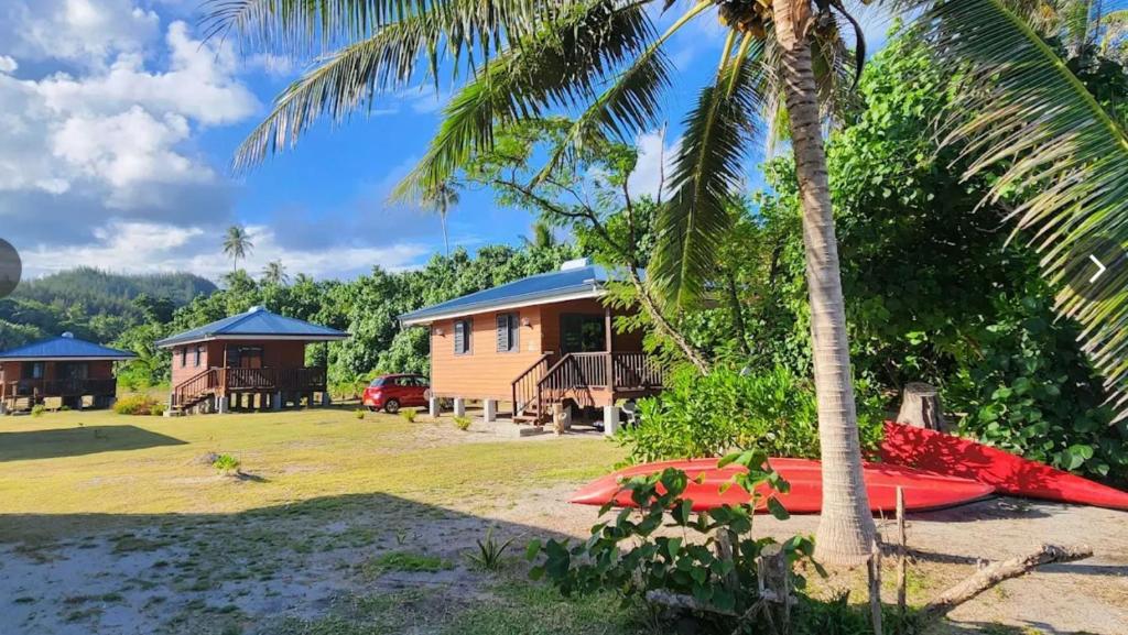 un complexe avec un palmier et une maison dans l'établissement HUAHINE- Fare Arc-en-Ciel, à Parea