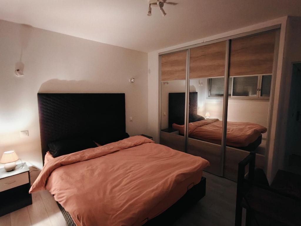 ein Schlafzimmer mit zwei Betten und einem großen Spiegel in der Unterkunft Locations de Chambres Proches de Paris à Massy in Massy