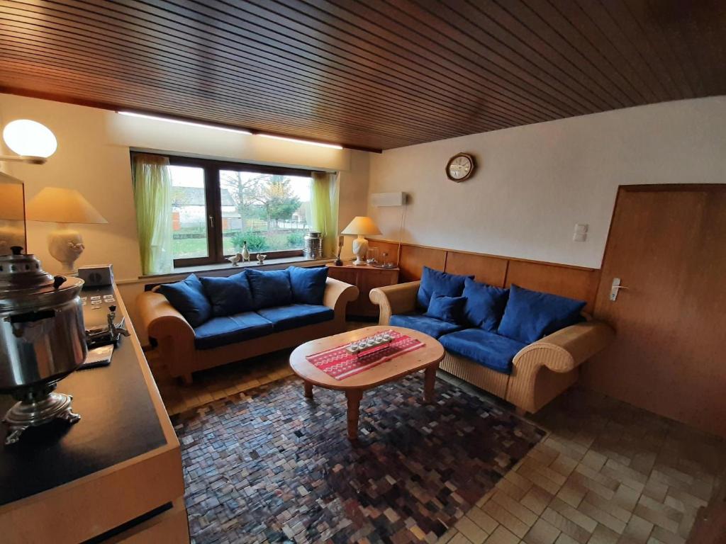 ein Wohnzimmer mit blauen Sofas und einem Tisch in der Unterkunft Eifel Garden Villa for Groups in Karl