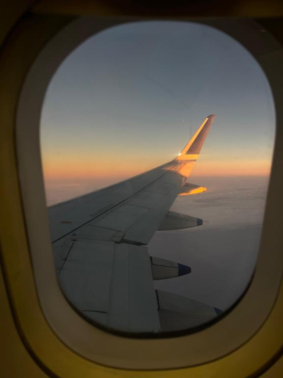 Blick aus einem Flugzeugfenster auf einen Flugzeugflügel in der Unterkunft Loylet Carlton in Tambaram