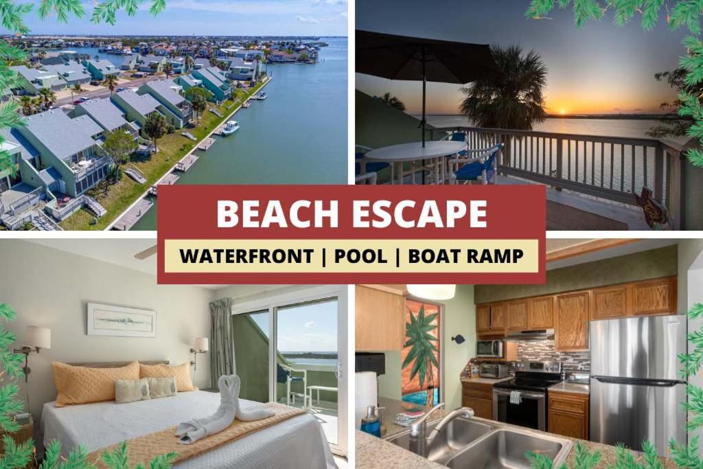 eine Collage aus vier Bildern eines Strandurlaubs in der Unterkunft Waterfront Shared Pool Games Winter Family Deals in Padre Island